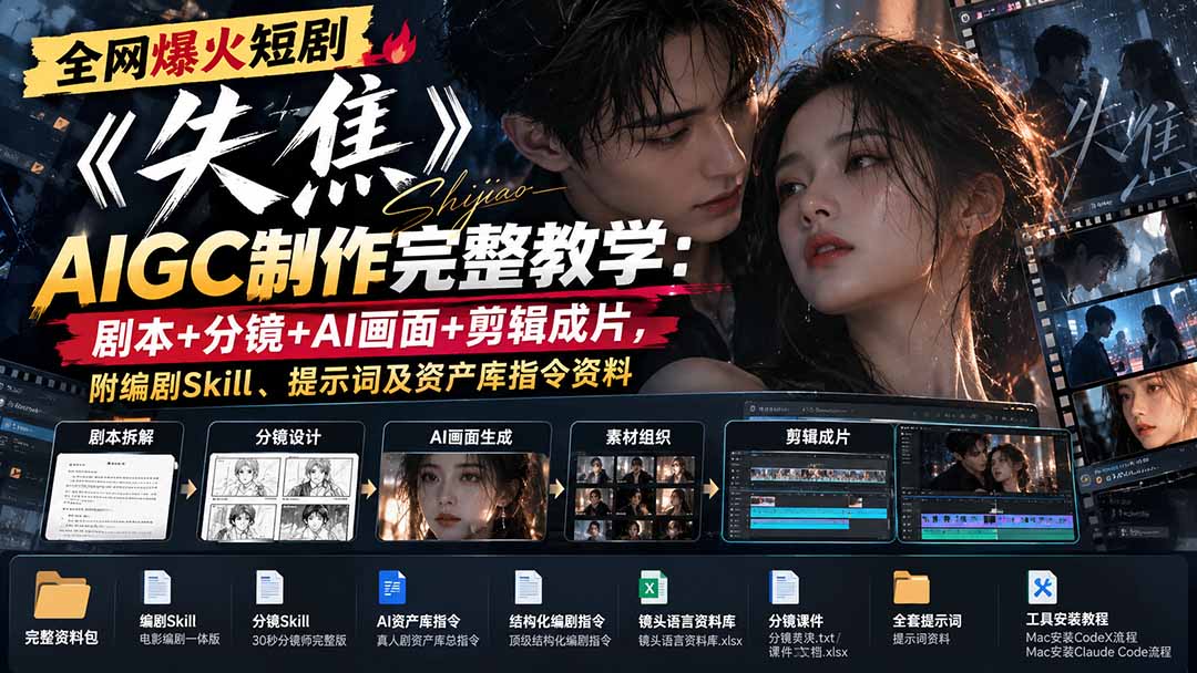 全网爆火短剧《失焦》AIGC制作完整教学:剧本+分镜+AI画面+剪辑成片,附编剧Skill、提示词及资产库指令资料-阿灿学库