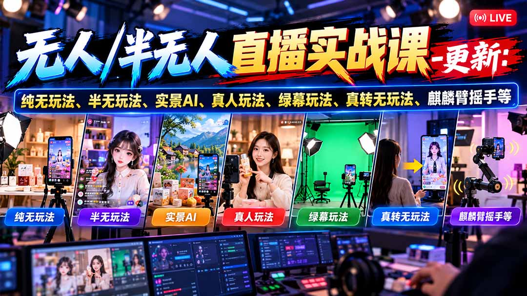 无人/半无人直播实战课-10月20更新：纯无玩法、半无玩法、实景AI、真人玩法、绿幕玩法、真转无玩法、麒麟臂摇手等-阿灿学库