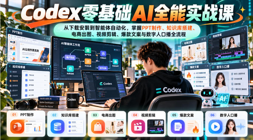 Codex零基础AI全能实战课:从下载安装到智能体自动化,掌握知识库搭建、电商出图、视频剪辑、爆款文案与数字人口播全流程-阿灿学库