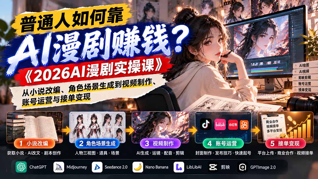 普通人如何靠AI漫剧赚钱？《2026AI漫剧实操课》从小说改编、角色场景生成到视频制作、账号运营与接单变现-阿灿学库