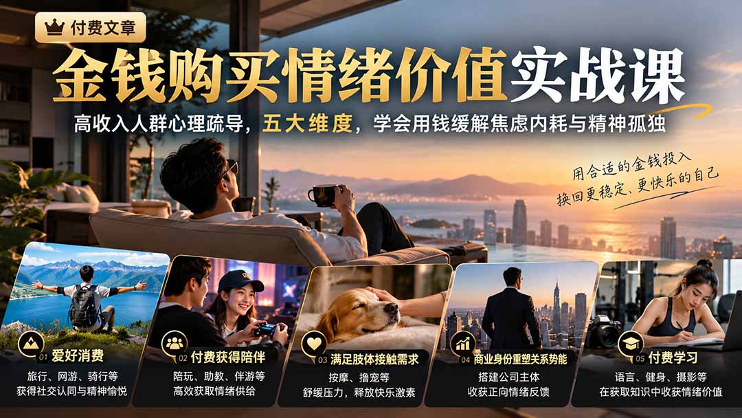 付费文章:金钱购买情绪价值实战课|高收入人群心理疏导,五大维度,学会用钱缓解焦虑内耗与精神孤独-阿灿学库