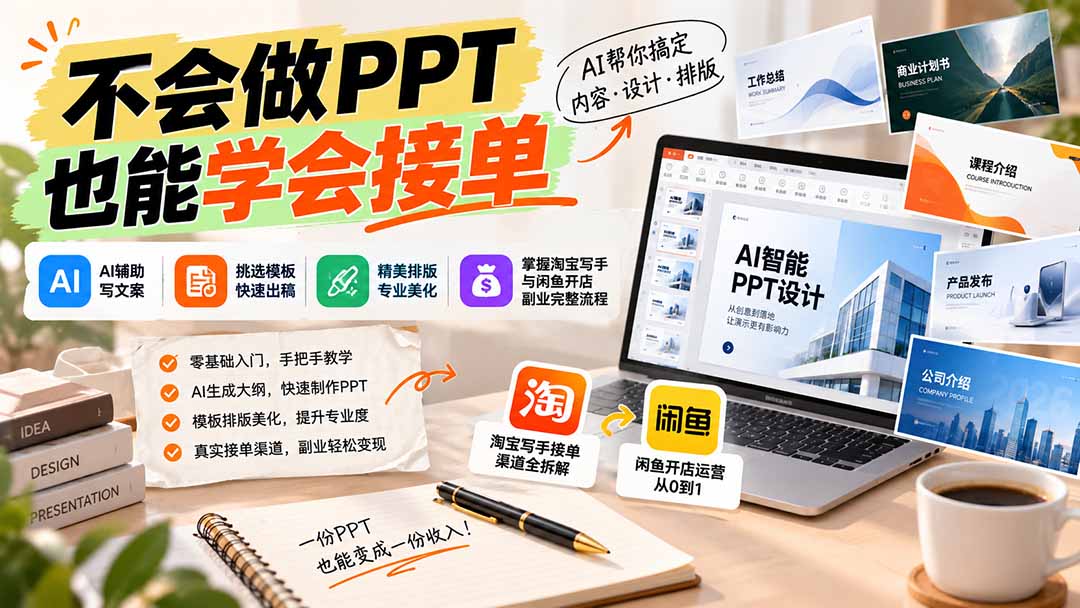 不会做PPT也能学会接单：AI辅助写文案、挑模板、做排版，掌握淘宝写手与闲鱼开店副业完整流程-阿灿学库