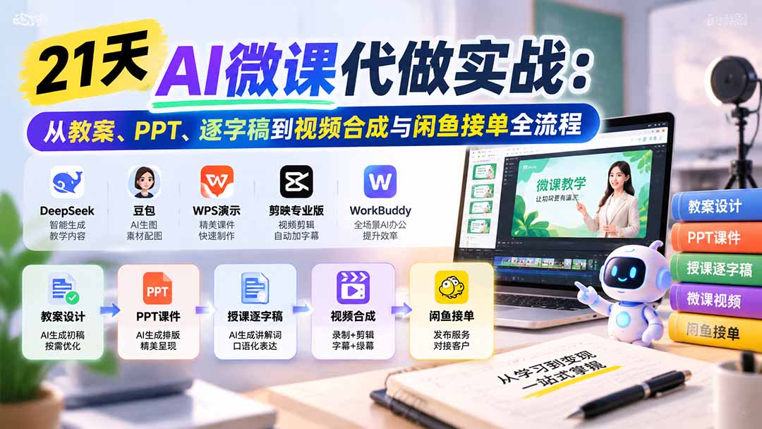 21天AI微课代做实战：从教案、PPT、逐字稿到视频合成与闲鱼接单全流程-阿灿学库