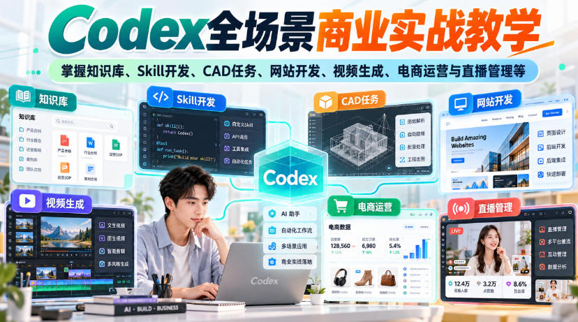 Codex全场景商业实战教学，掌握知识库、Skill开发、CAD任务、网站开发、视频生成、电商运营与直播管理等(更新1010)-阿灿学库
