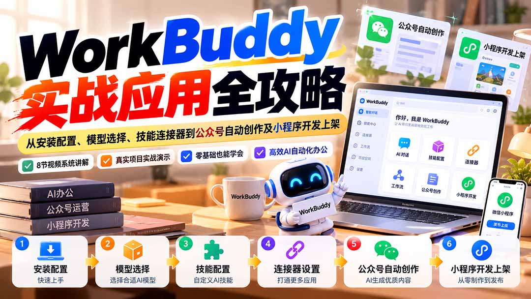 WorkBuddy 实战应用全攻略：从安装配置、模型选择、技能连接器到公众号自动创作及小程序开发上架-阿灿学库