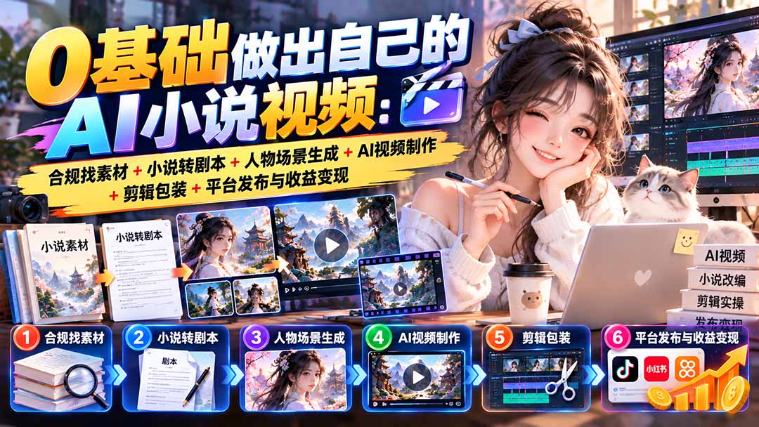 0基础做出自己的AI小说视频：合规找素材+小说转剧本+人物场景生成+AI视频制作+剪辑包装+平台发布与收益变现-吾图资源网
