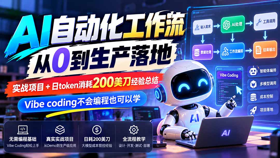 【无水印】AI自动化工作流从0到生产落地,实战项目+日token消耗200美刀经验总结,Vibe coding不会编程也可以学-阿灿学库