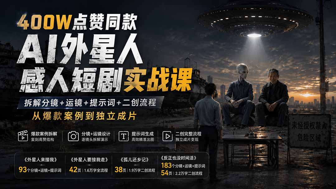 400W点赞同款AI外星人感人短剧实战课-更新1009:拆解分镜+运镜+提示词+二创流程,从爆款案例到独立成片-阿灿学库
