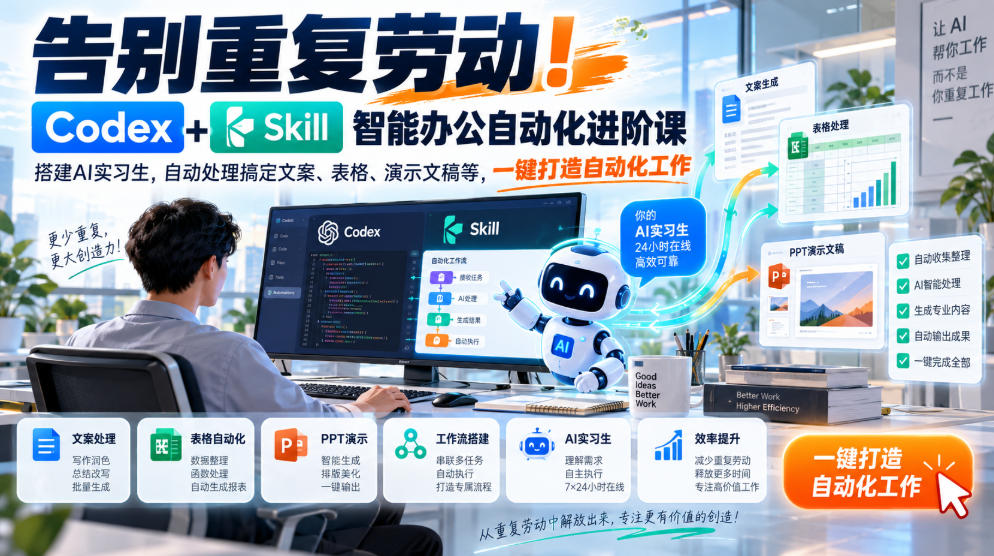 告别重复劳动！Codex+Skill智能办公自动化进阶课｜搭建AI实习生，自动处理搞定文案、表格、演示文稿等，一键打造自动化工作-阿灿学库