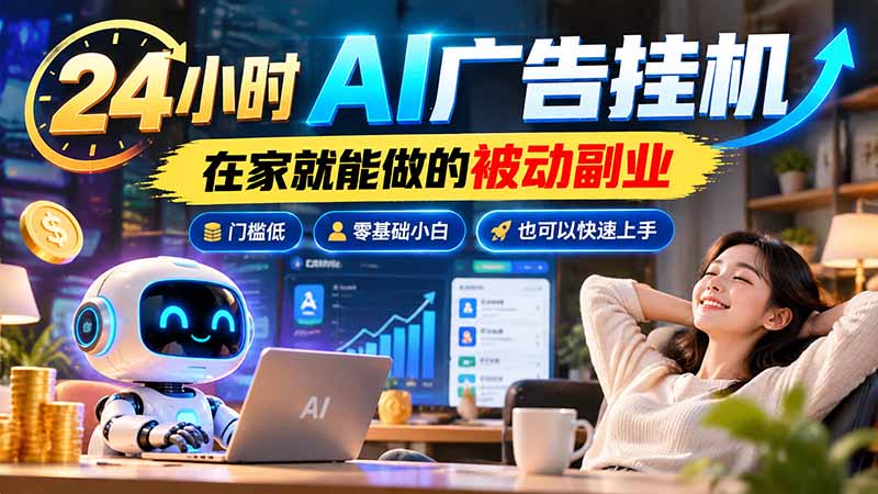 24小时AI广告挂机｜在家就能做的被动副业，门槛低，零基础小白也可以快速上手-红果网创