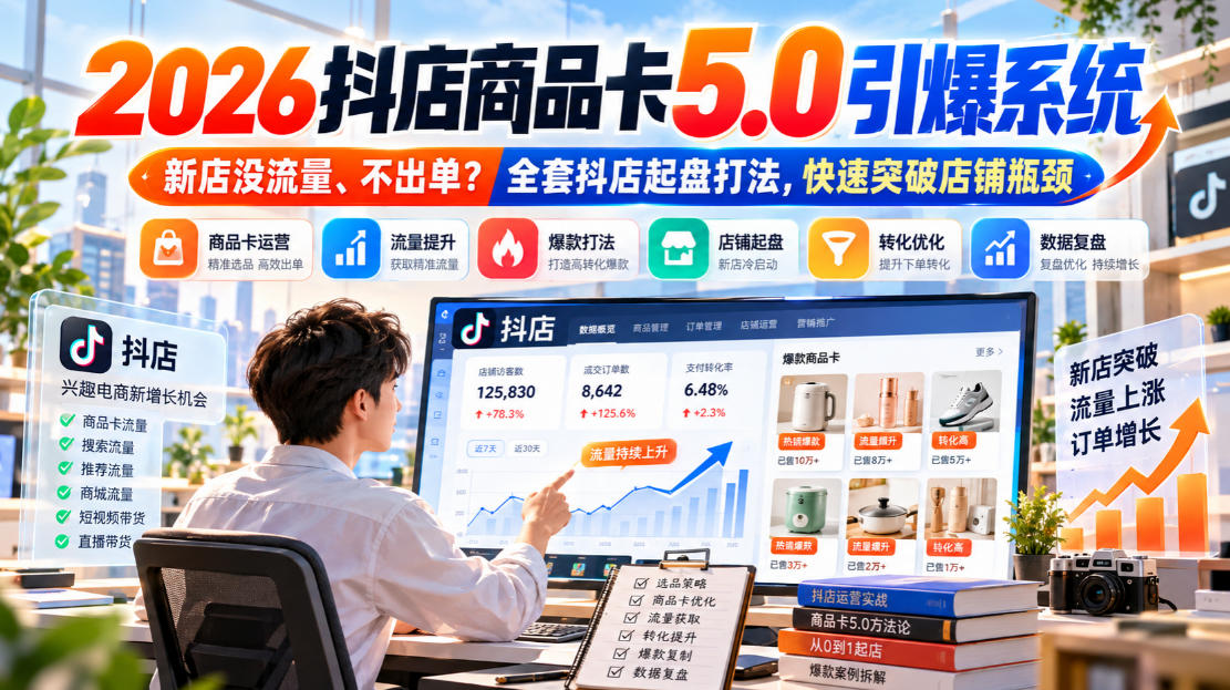 2026抖店商品卡5.0引爆店铺流量,新店没流量、不出单?全套抖店起盘打法,快速突破店铺瓶颈-阿灿学库