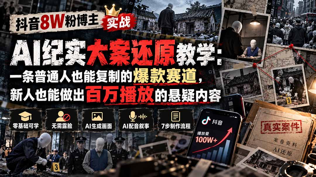 抖音8W粉博主AI纪实大案还原教学:一条普通人也能复制的爆款赛道,新人也能做出百万播放的悬疑内容-阿灿学库