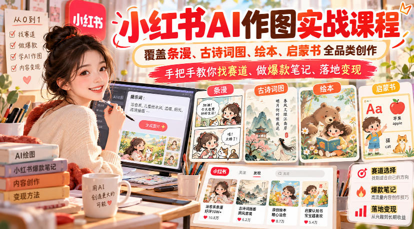 小红书AI作图实战课程，覆盖条漫、古诗词图、绘本、启蒙书全品类创作，手把手教你找赛道、做爆款笔记、落地变现(更新1017)-阿灿学库