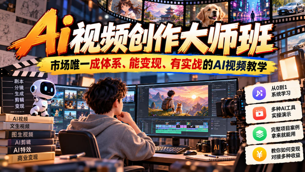 Ai视频创作大师班，市场唯一成体系、能变现、有实战的AI视频教学(更新2026)-阿灿学库