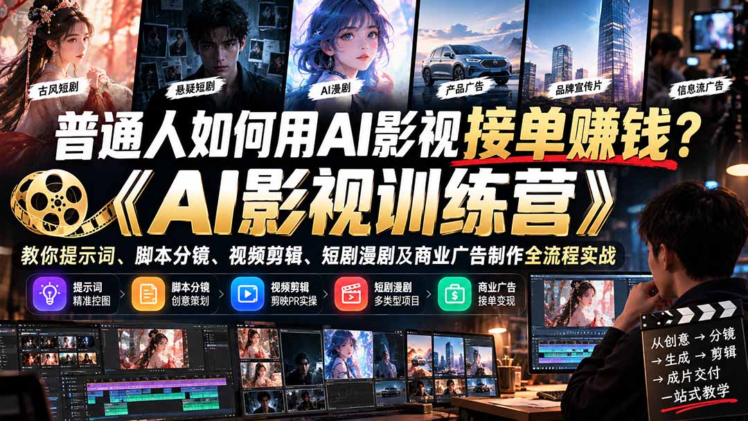 普通人如何用AI影视接单赚钱？《AI影视训练营》教你提示词、脚本分镜、视频剪辑、短剧漫剧及商业广告制作全流程实战-阿灿学库
