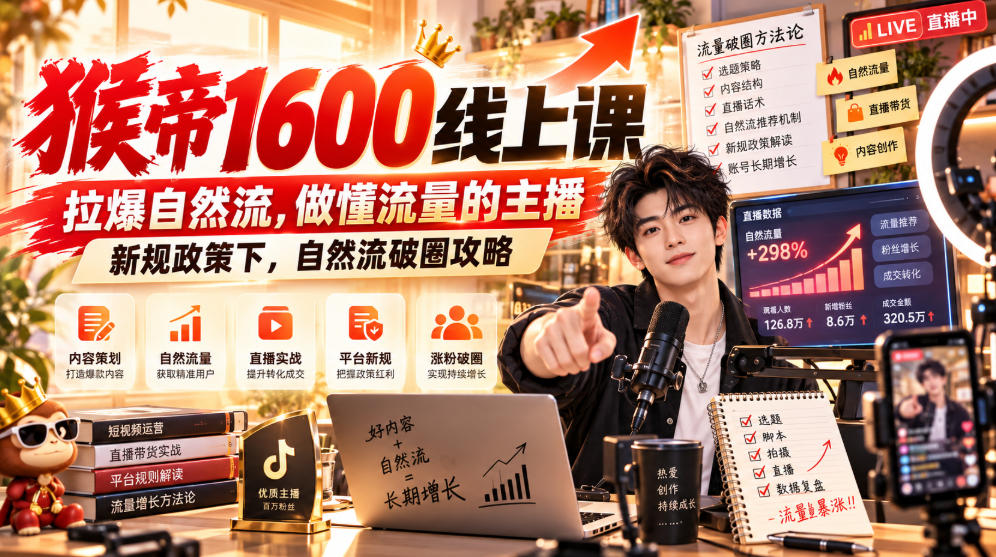 猴帝1600线上课，拉爆自然流，做懂流量的主播，新规政策下，自然流破圈攻略【更新261023】-红果网创