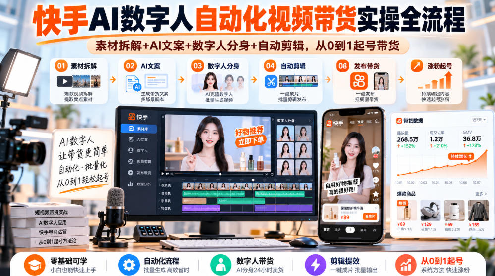快手AI数字人自动化视频带货实操全流程｜素材拆解+AI文案+数字人分身+自动剪辑，从0到1起号带货(更新26年)-阿灿学库
