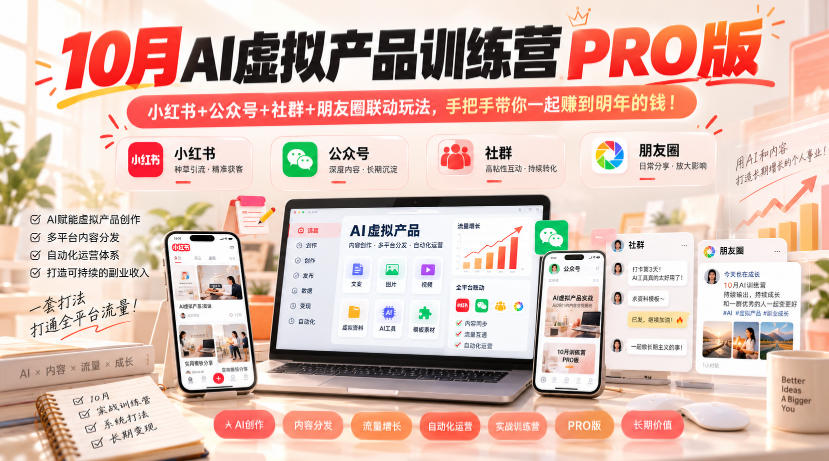 10月AI虚拟产品训练营PRO版，小红书+公众号+社群+朋友圈联动玩法，手把手带你一起赚到明年的钱！-阿灿学库