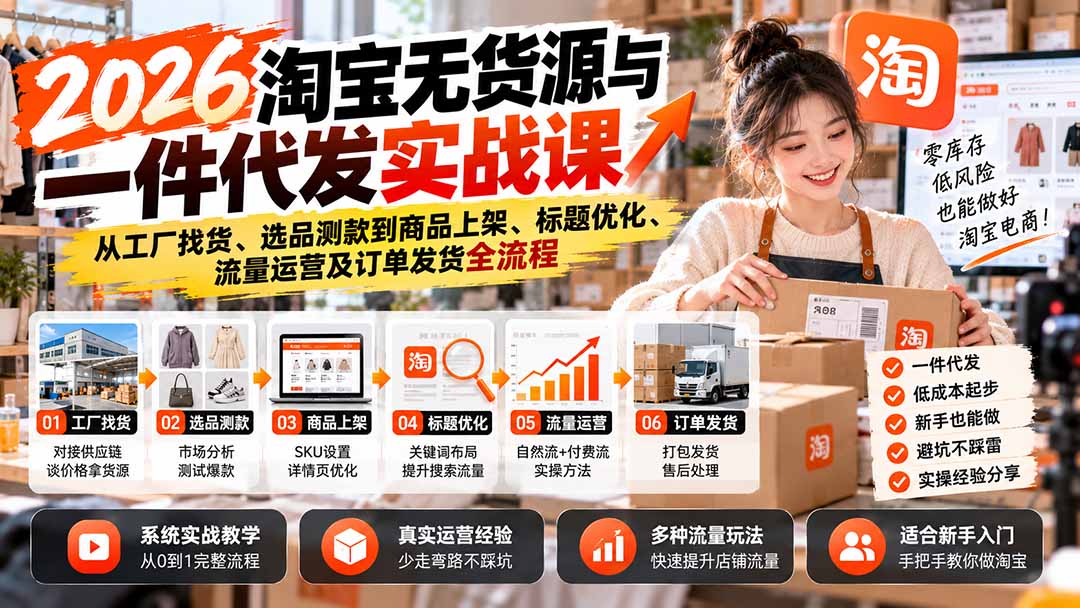 2026淘宝无货源与一件代发实战课:从工厂找货、选品测款到商品上架、标题优化、流量运营及订单发货全流程-阿灿学库