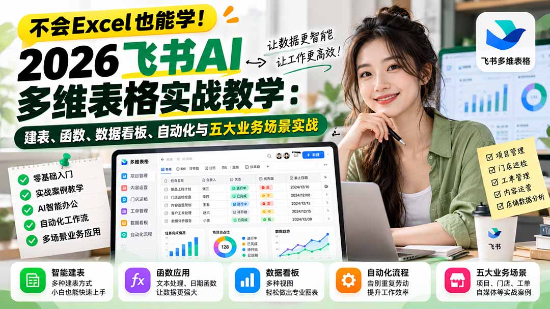 不会Excel也能学！2026飞书AI多维表格实战教学：建表、函数、数据看板、自动化与五大业务场景实战-阿灿学库