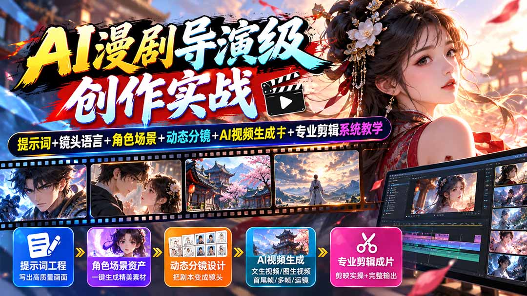 AI漫剧导演级创作实战:提示词+镜头语言+角色场景+动态分镜+AI视频生成+专业剪辑系统教学-阿灿学库