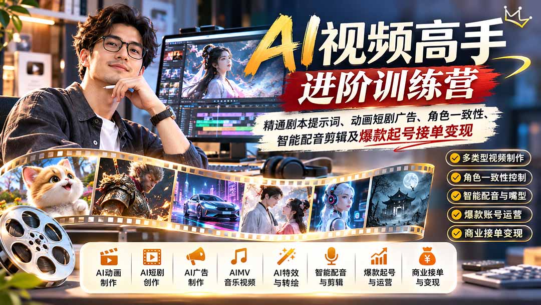 AI视频高手进阶训练营：精通剧本提示词、动画短剧广告、角色一致性、智能配音剪辑及爆款起号接单变现-阿灿学库