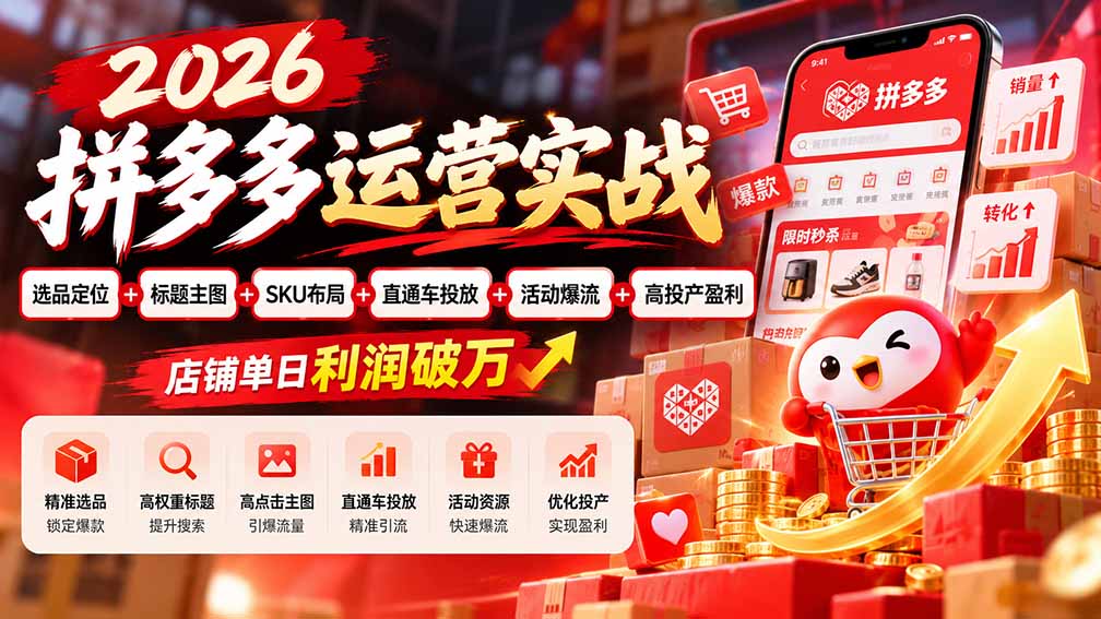 2026拼多多运营实战-更新1002：选品定位+标题主图+SKU布局+直通车投放+活动爆流+高投产盈利 店铺单日利润破万-阿灿学库