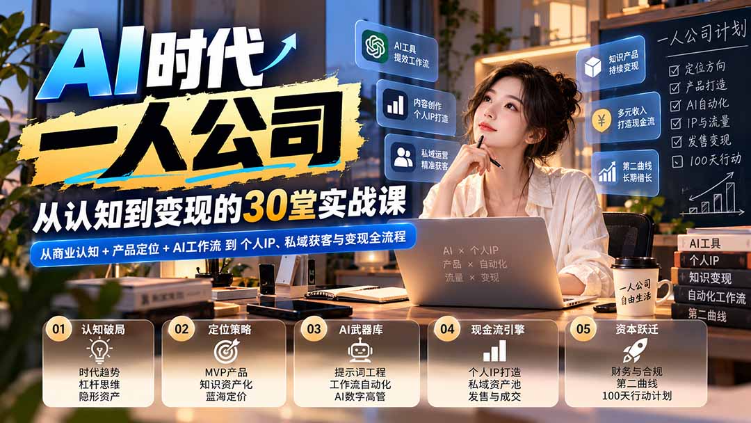 【无水印】AI时代一人公司30堂实战课:从商业认知+产品定位+AI工作流到个人IP、私域获客与变现全流程-阿灿学库